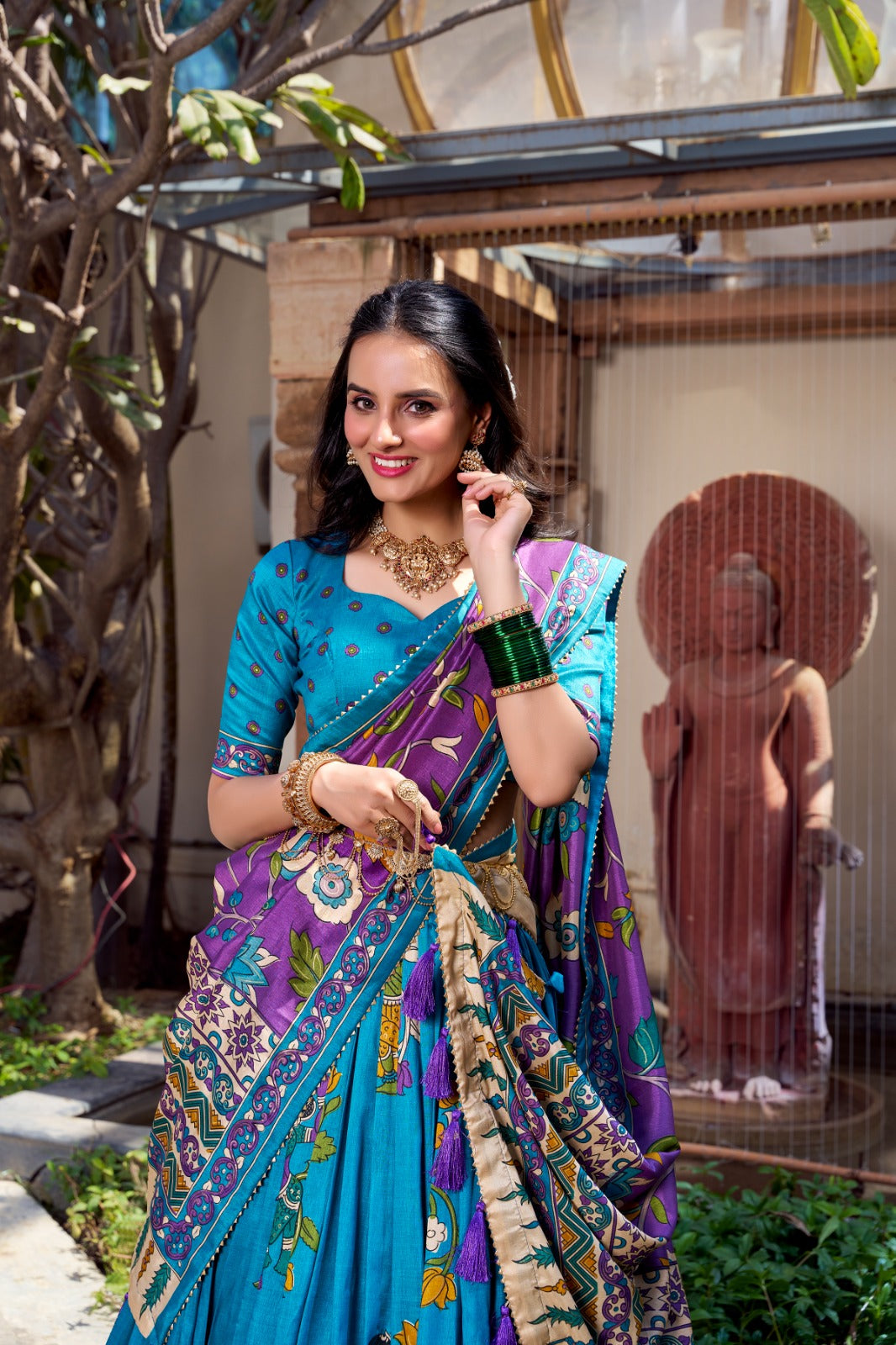 Exquisite Tussar Silk Kalamkari Printed Foil Worked Lehenga Choli - ETHNICDEAL