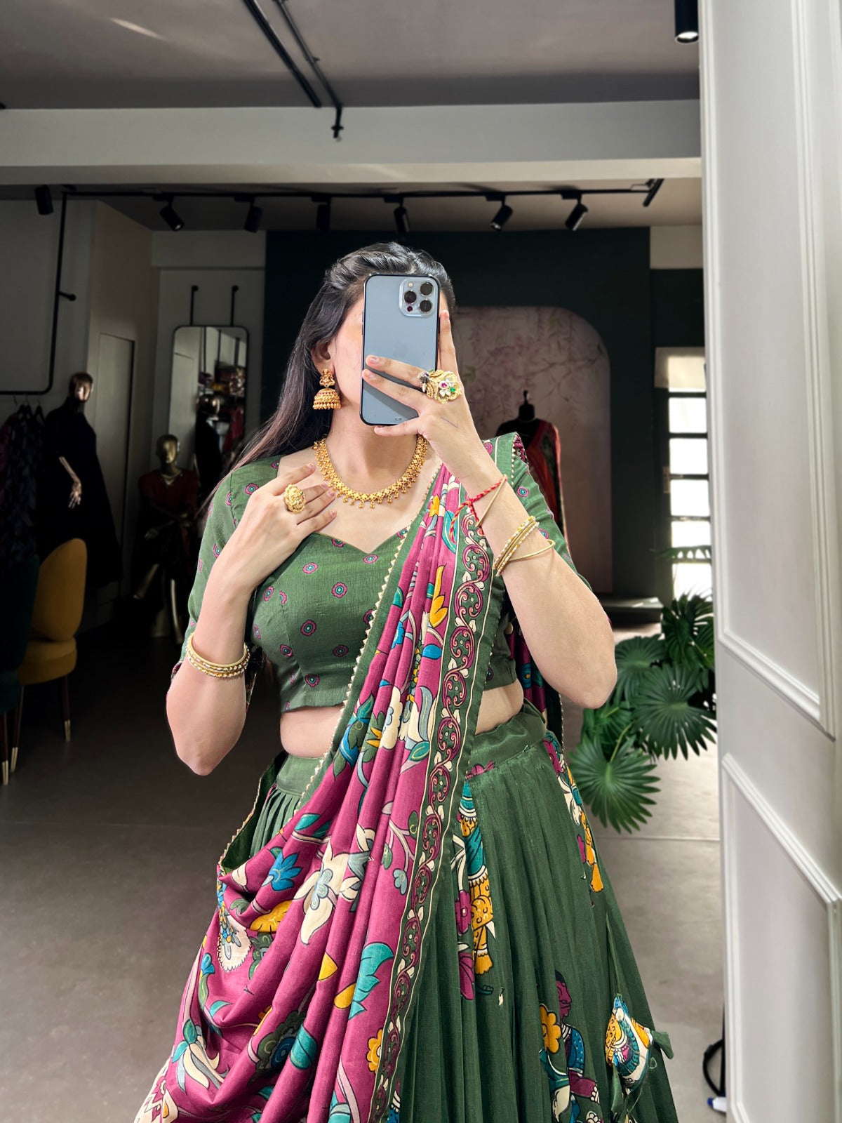 Exquisite Tussar Silk Kalamkari Printed Foil Worked Lehenga Choli - ETHNICDEAL