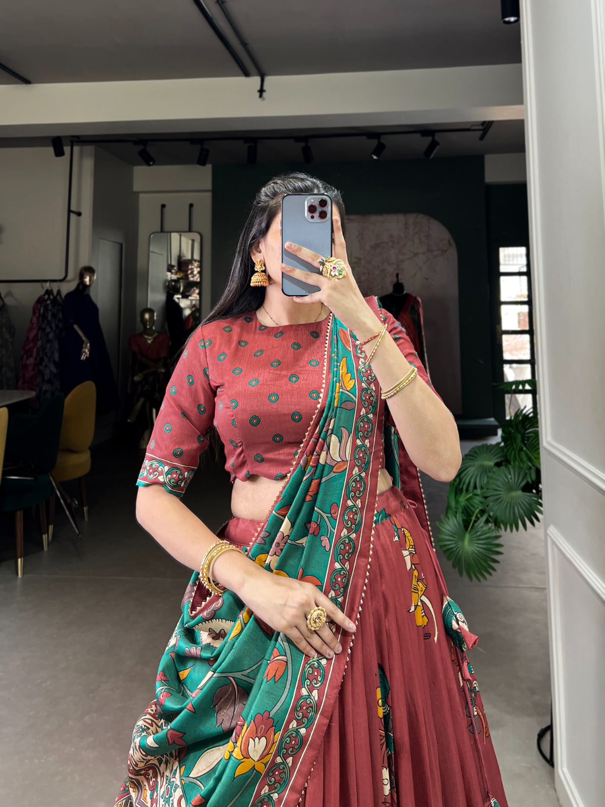 Exquisite Tussar Silk Kalamkari Printed Foil Worked Lehenga Choli - ETHNICDEAL