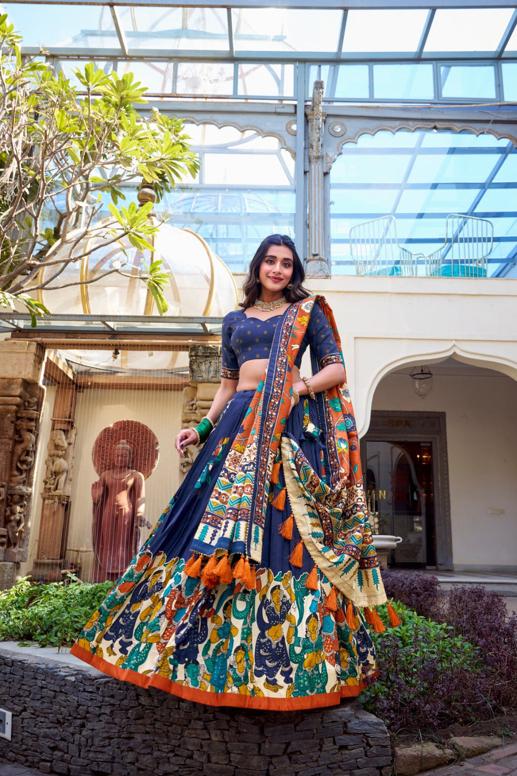 Exquisite Tussar Silk Kalamkari Printed Foil Worked Lehenga Choli - ETHNICDEAL