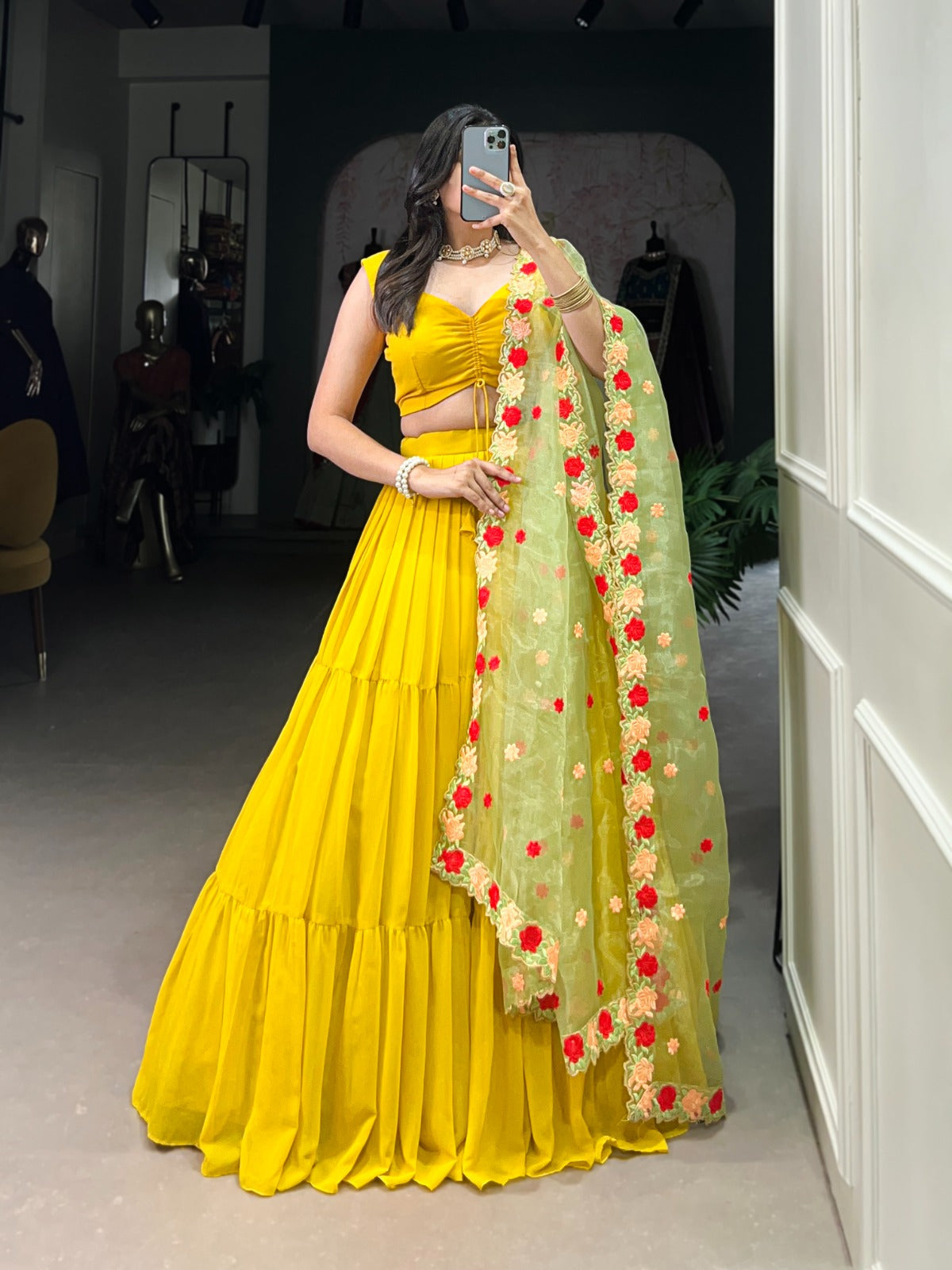 Fabulous Yellow Georgette Fully Stitched Ruffle Lehenga Choli - ETHNICDEAL