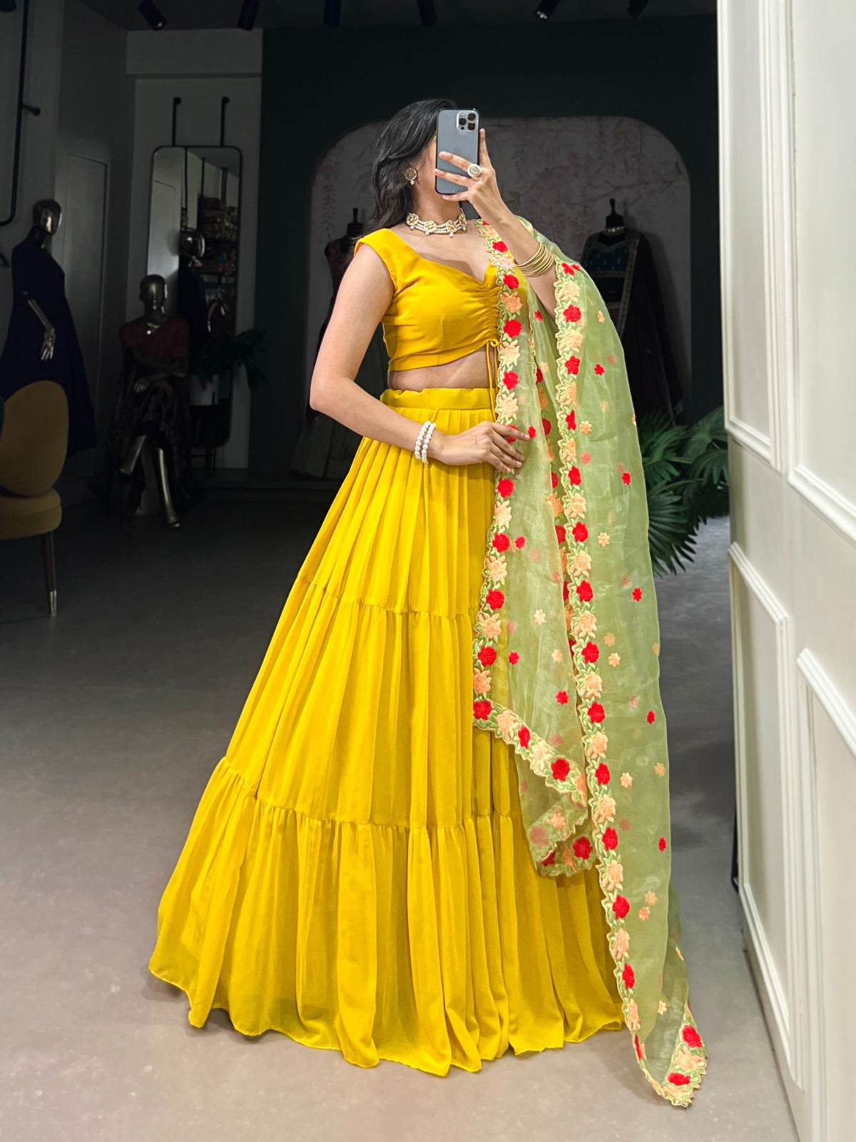 Fabulous Yellow Georgette Fully Stitched Ruffle Lehenga Choli - ETHNICDEAL