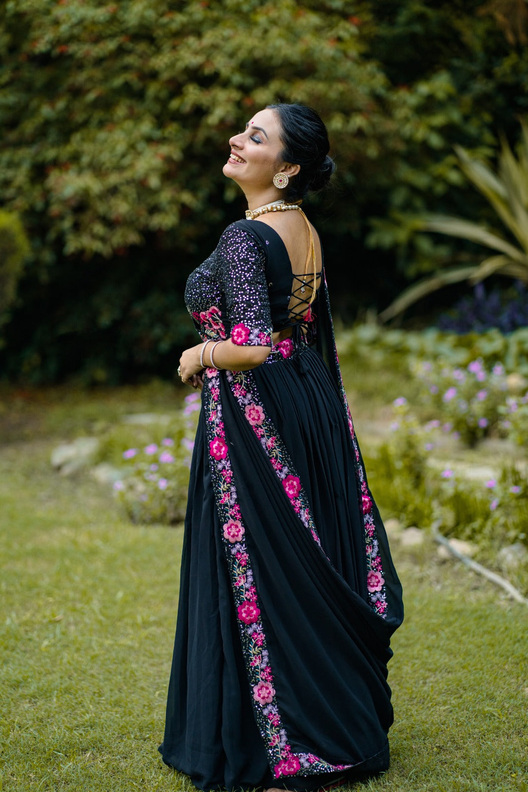 Mesmerizing Black Georgette Sequins Thread Worked Lehenga Choli - Ethnicwish