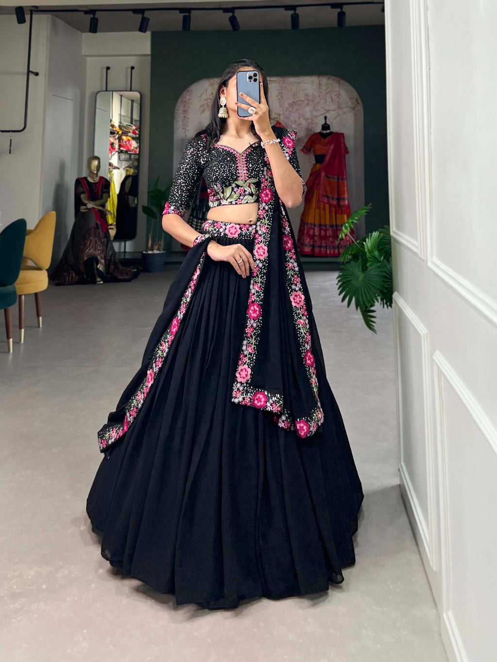 Mesmerizing Black Georgette Sequins Thread Worked Lehenga Choli - Ethnicwish