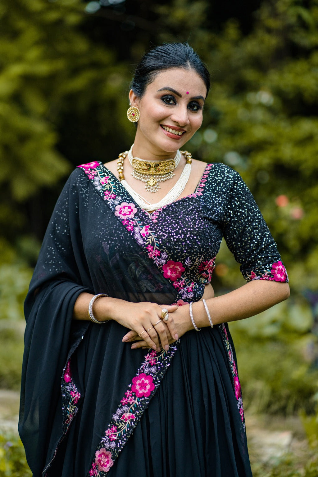 Mesmerizing Black Georgette Sequins Thread Worked Lehenga Choli - Ethnicwish