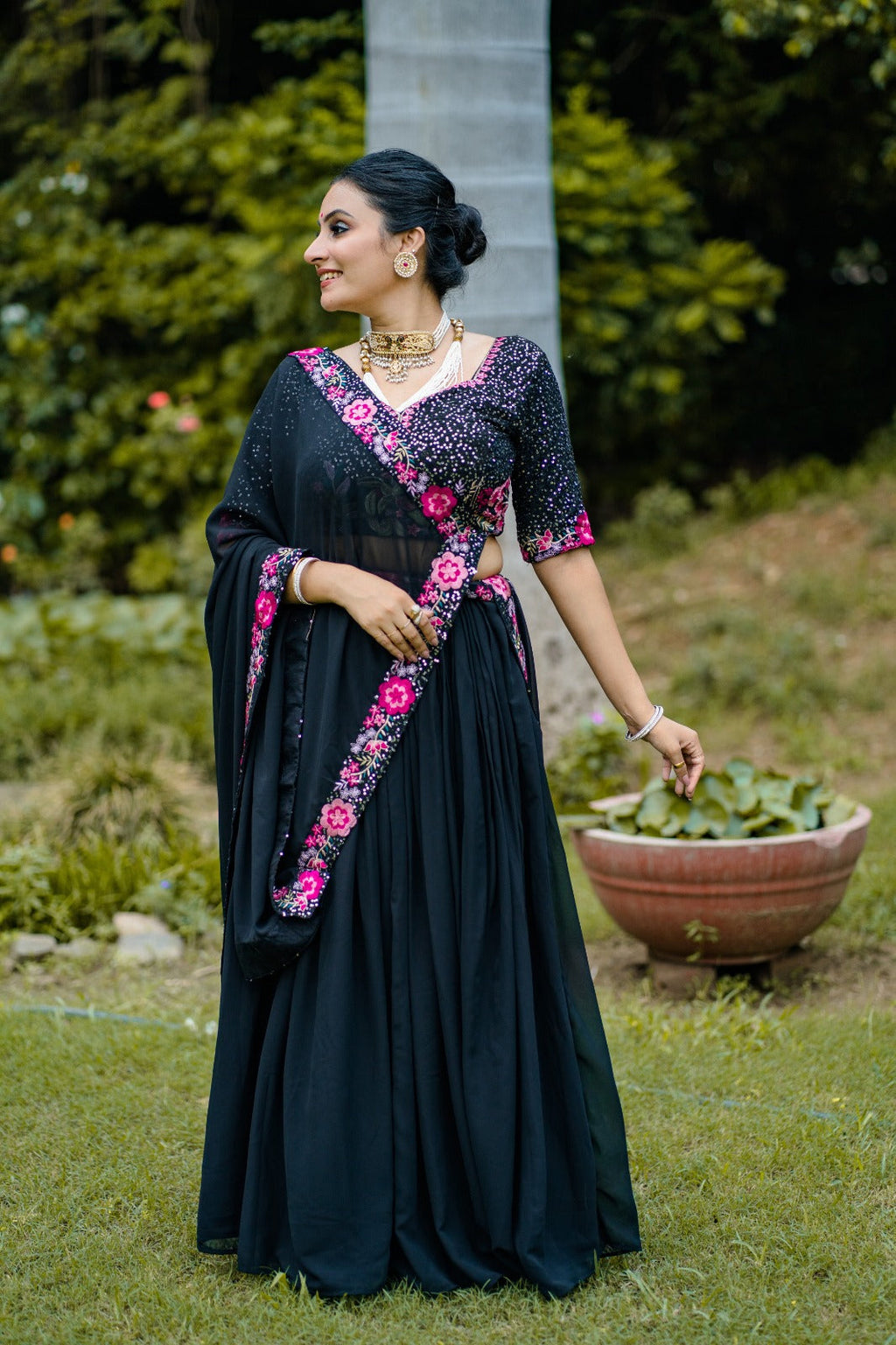 Mesmerizing Black Georgette Sequins Thread Worked Lehenga Choli - Ethnicwish