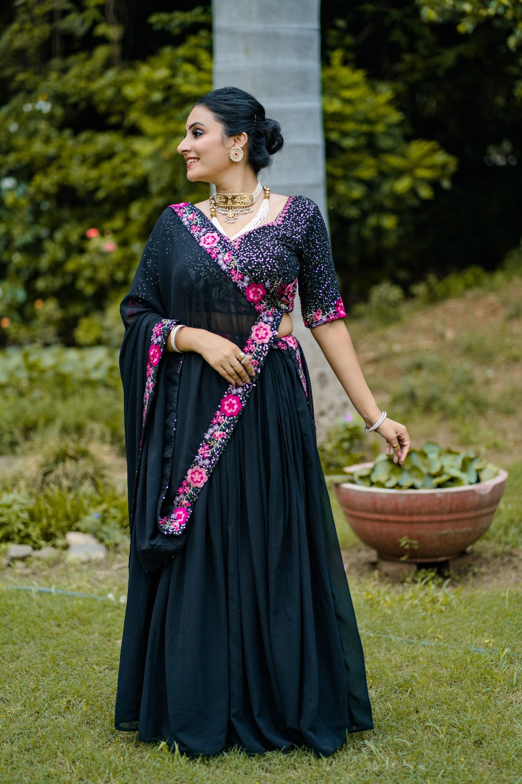 Mesmerizing Black Georgette Sequins Thread Worked Lehenga Choli - Ethnicwish