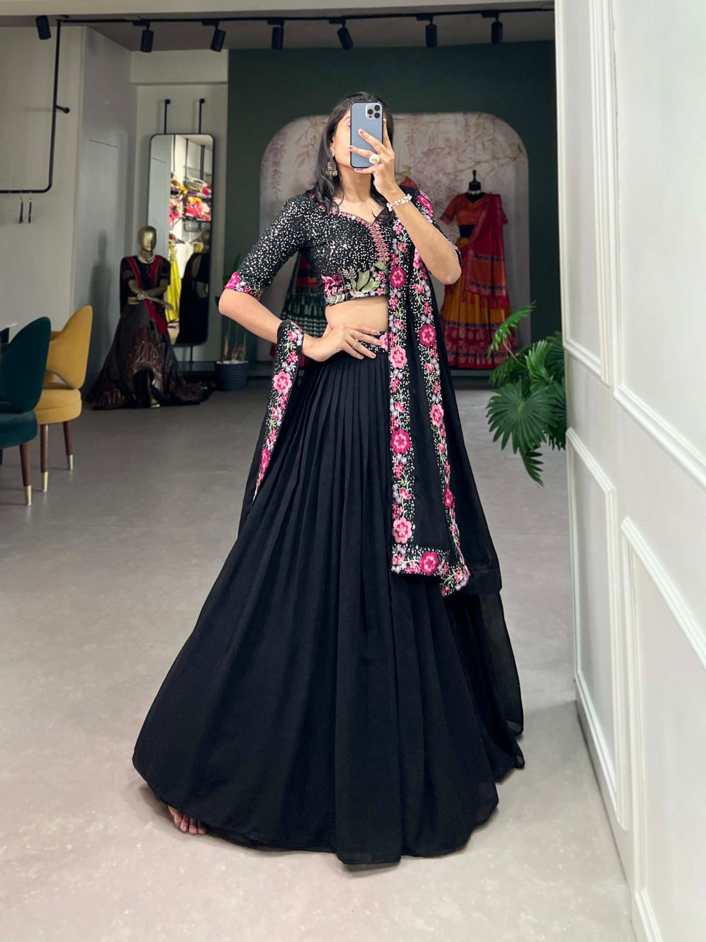 Mesmerizing Black Georgette Sequins Thread Worked Lehenga Choli - Ethnicwish