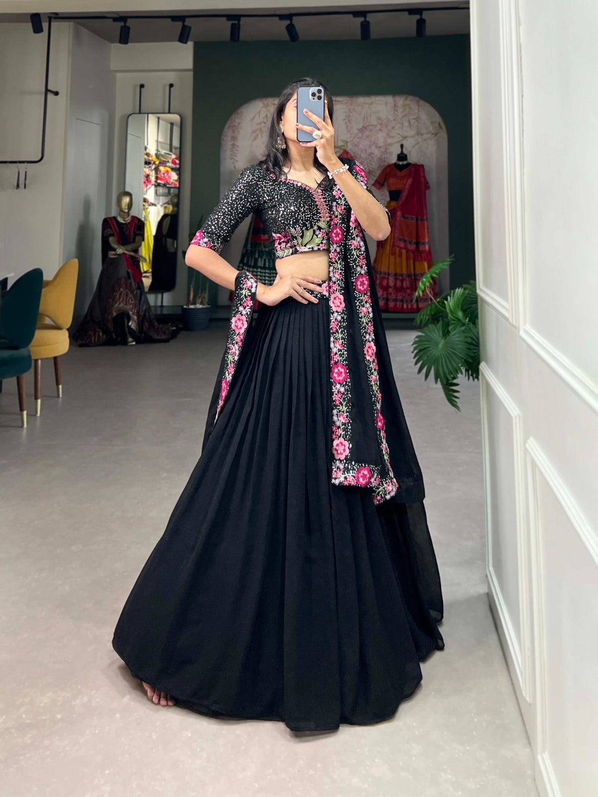 Mesmerizing Black Georgette Sequins Thread Worked Lehenga Choli - Ethnicwish
