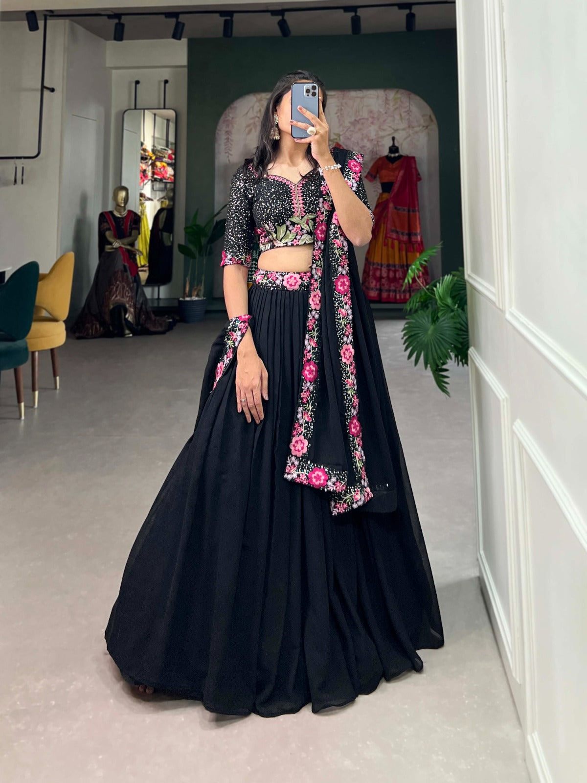 Mesmerizing Black Georgette Sequins Thread Worked Lehenga Choli - Ethnicwish