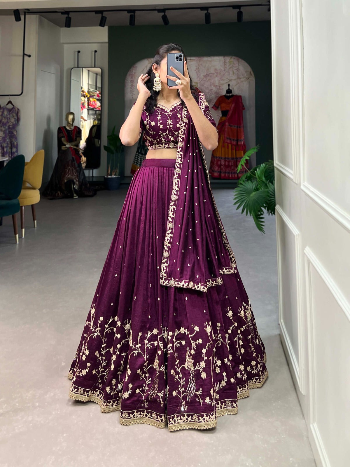 Enchanting Wine Vichitra Silk Sequins Thread Worked Lehenga Choli - Ethnicwish