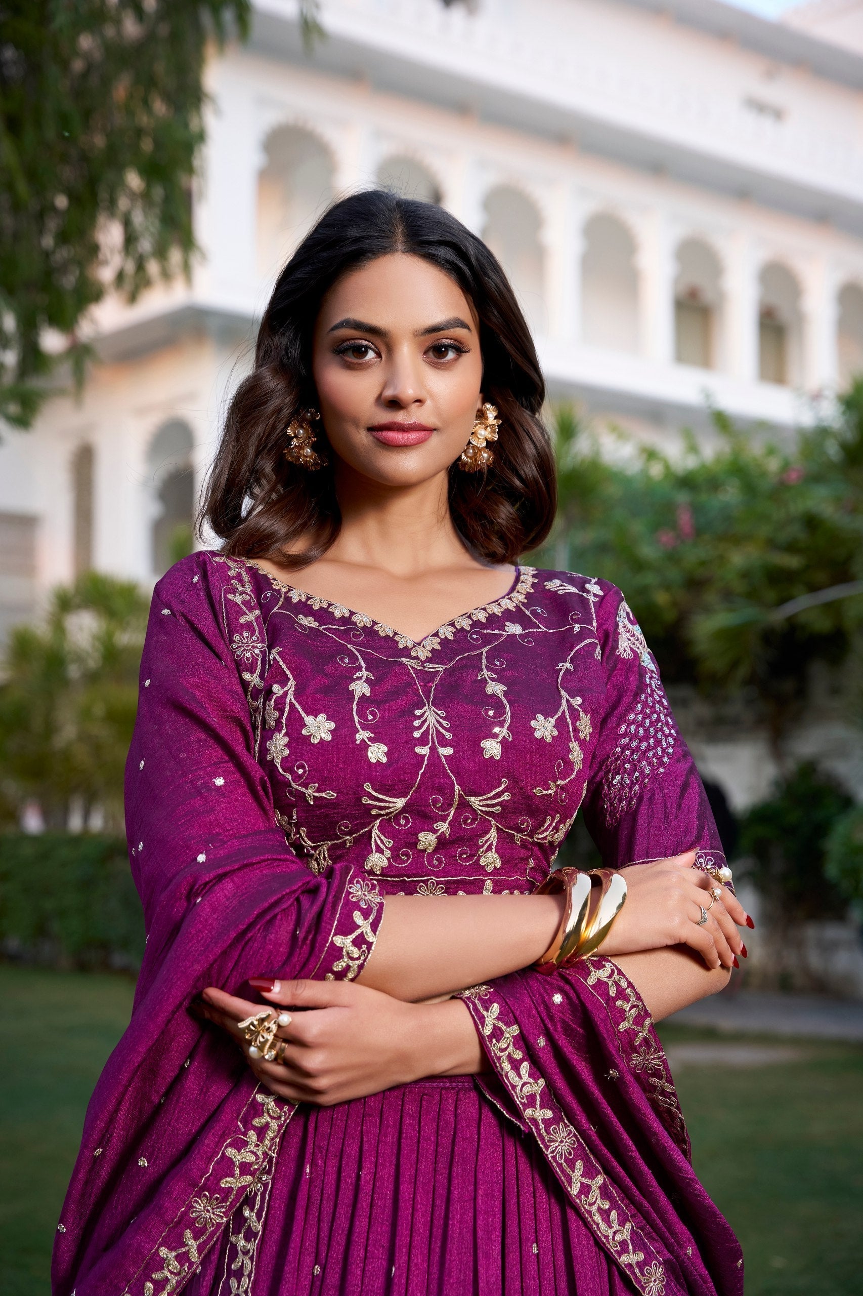 Enchanting Wine Vichitra Silk Sequins Thread Worked Lehenga Choli - Ethnicwish