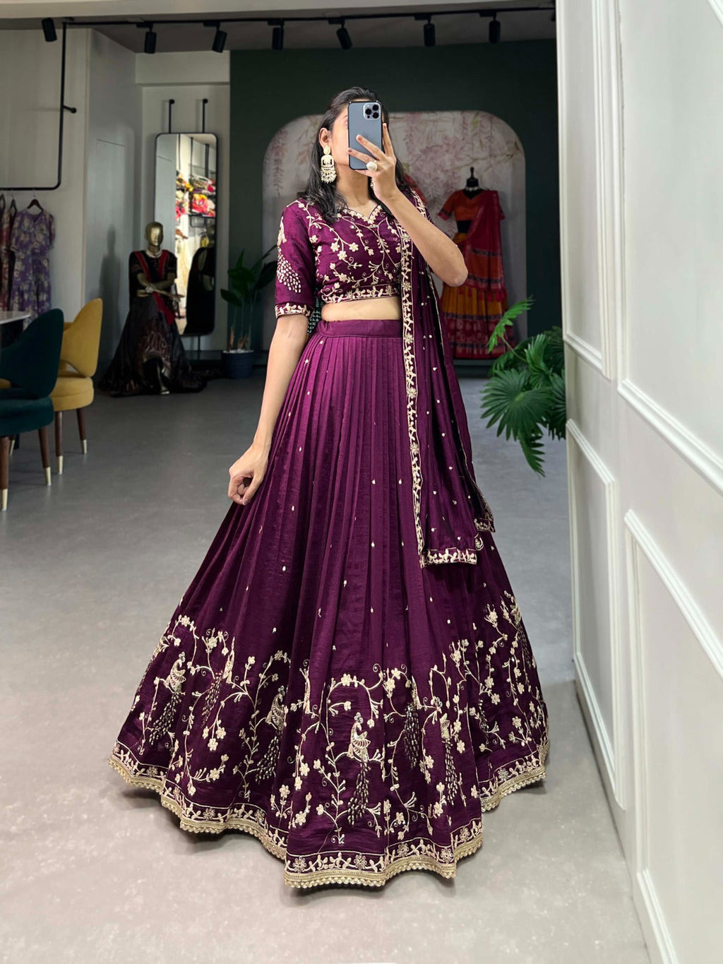 Enchanting Wine Vichitra Silk Sequins Thread Worked Lehenga Choli - Ethnicwish