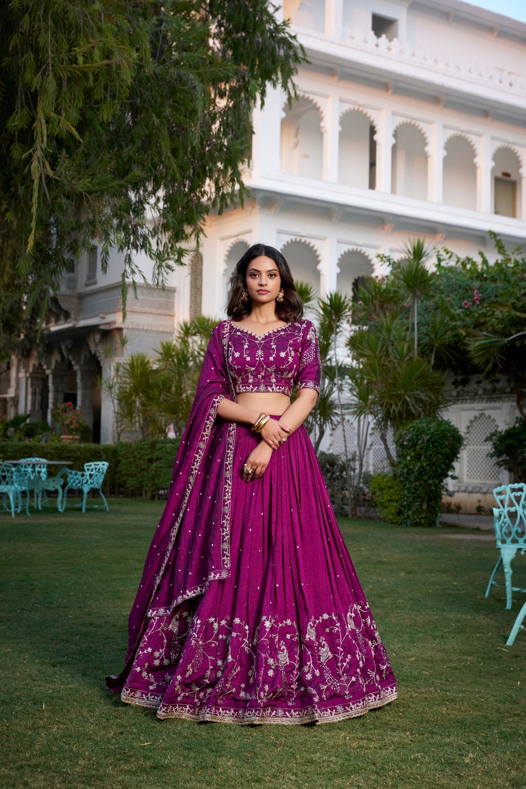 Enchanting Wine Vichitra Silk Sequins Thread Worked Lehenga Choli - Ethnicwish