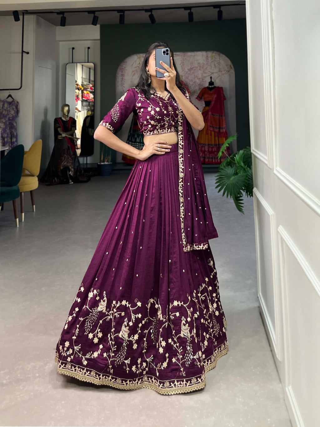 Enchanting Wine Vichitra Silk Sequins Thread Worked Lehenga Choli - Ethnicwish