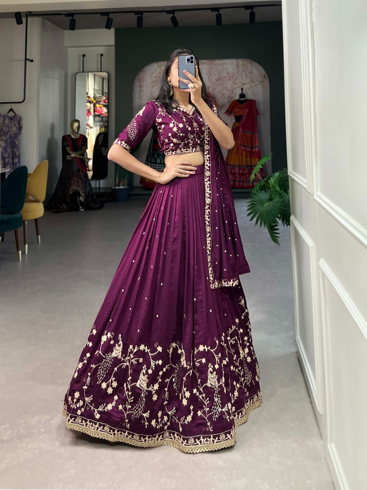 Enchanting Wine Vichitra Silk Sequins Thread Worked Lehenga Choli - Ethnicwish