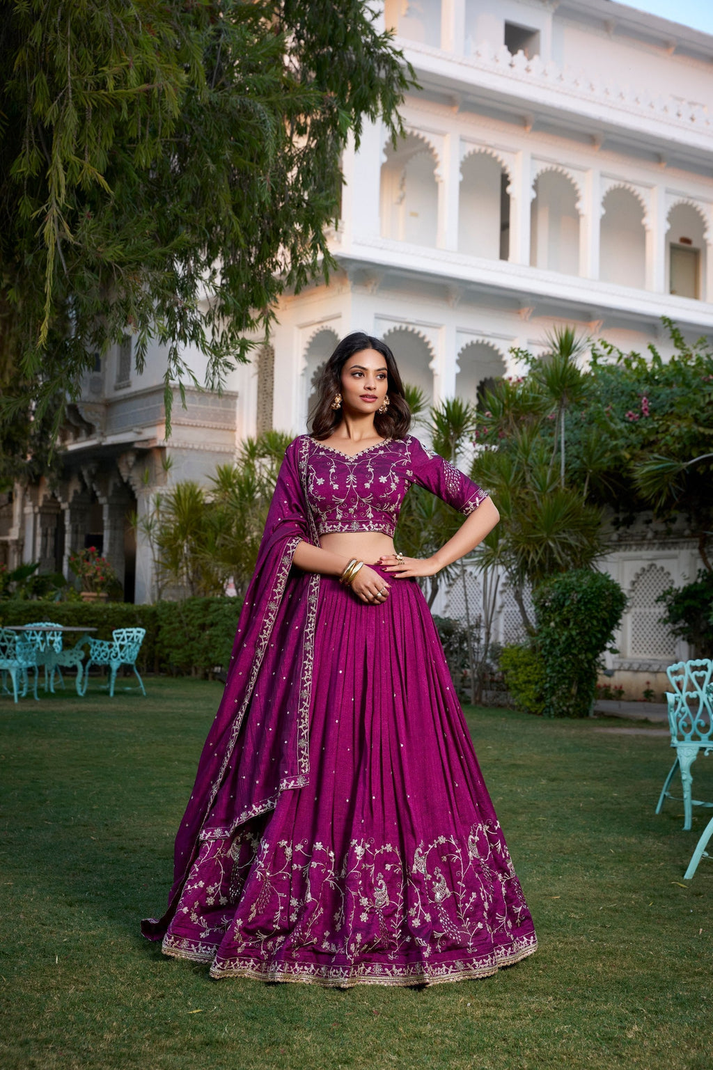 Enchanting Wine Vichitra Silk Sequins Thread Worked Lehenga Choli - Ethnicwish