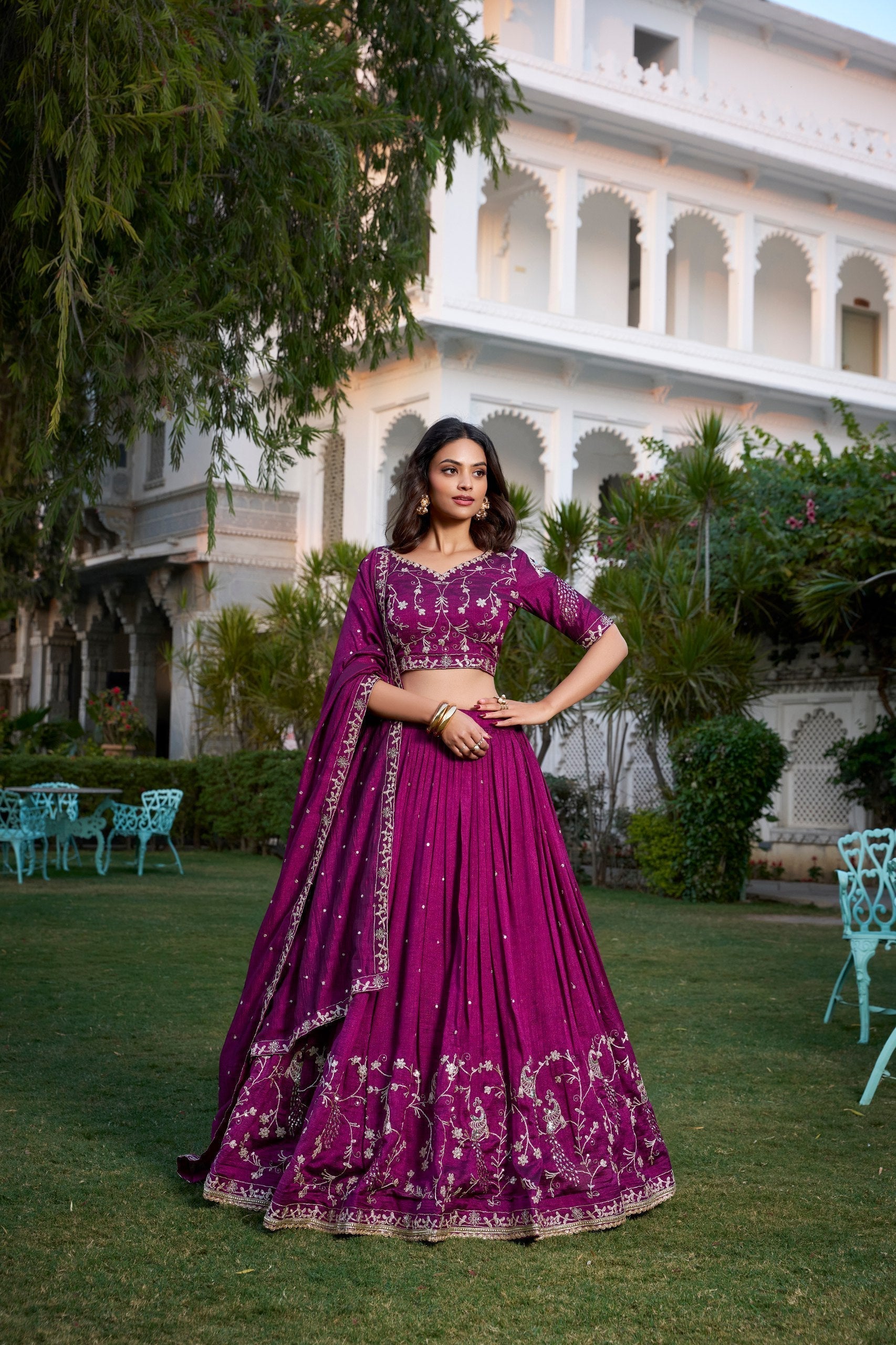 Enchanting Wine Vichitra Silk Sequins Thread Worked Lehenga Choli - Ethnicwish