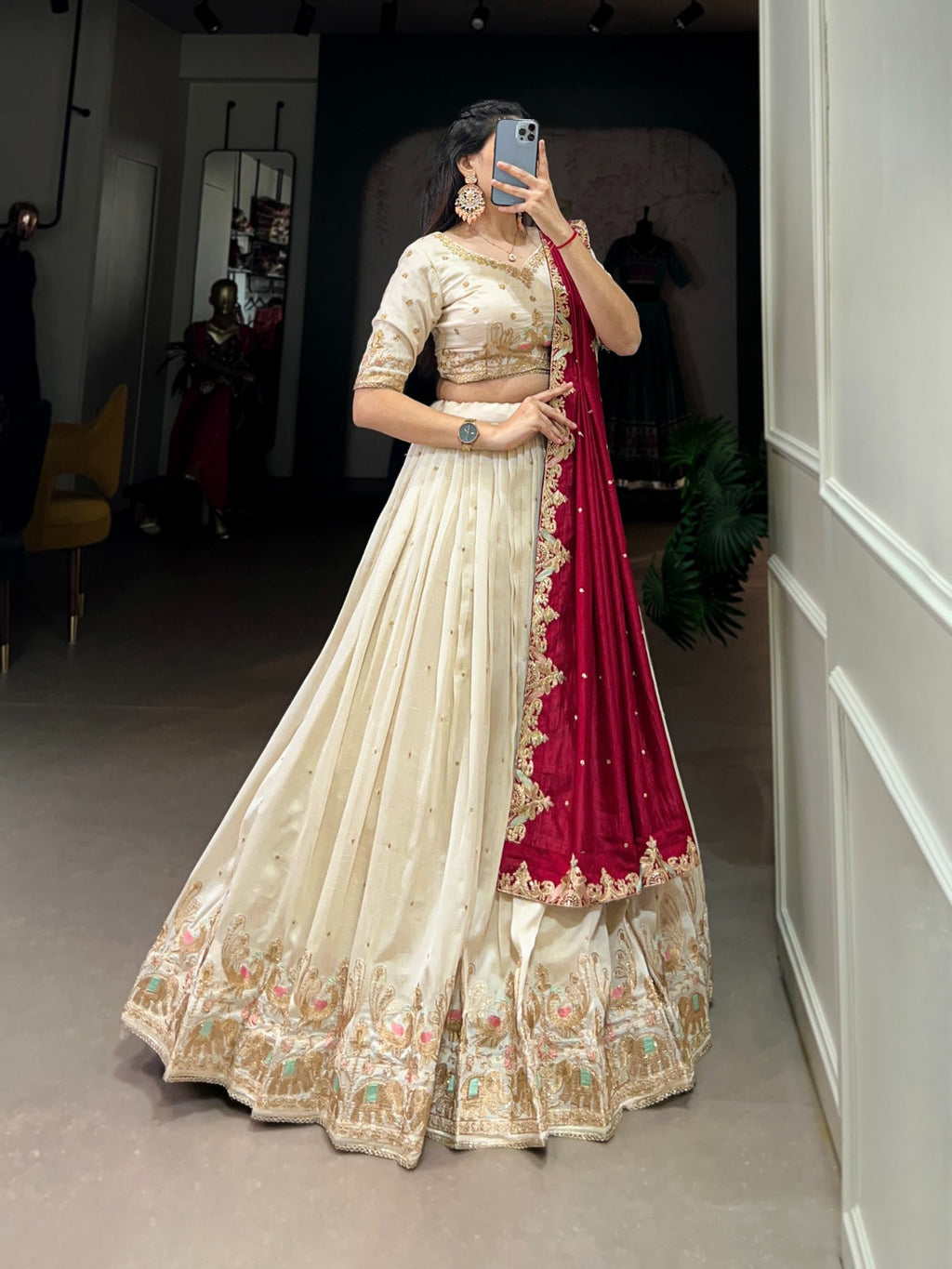Lovely Off White Vichitra Silk Sequins Thread Worked Lehenga Choli - Ethnicwish