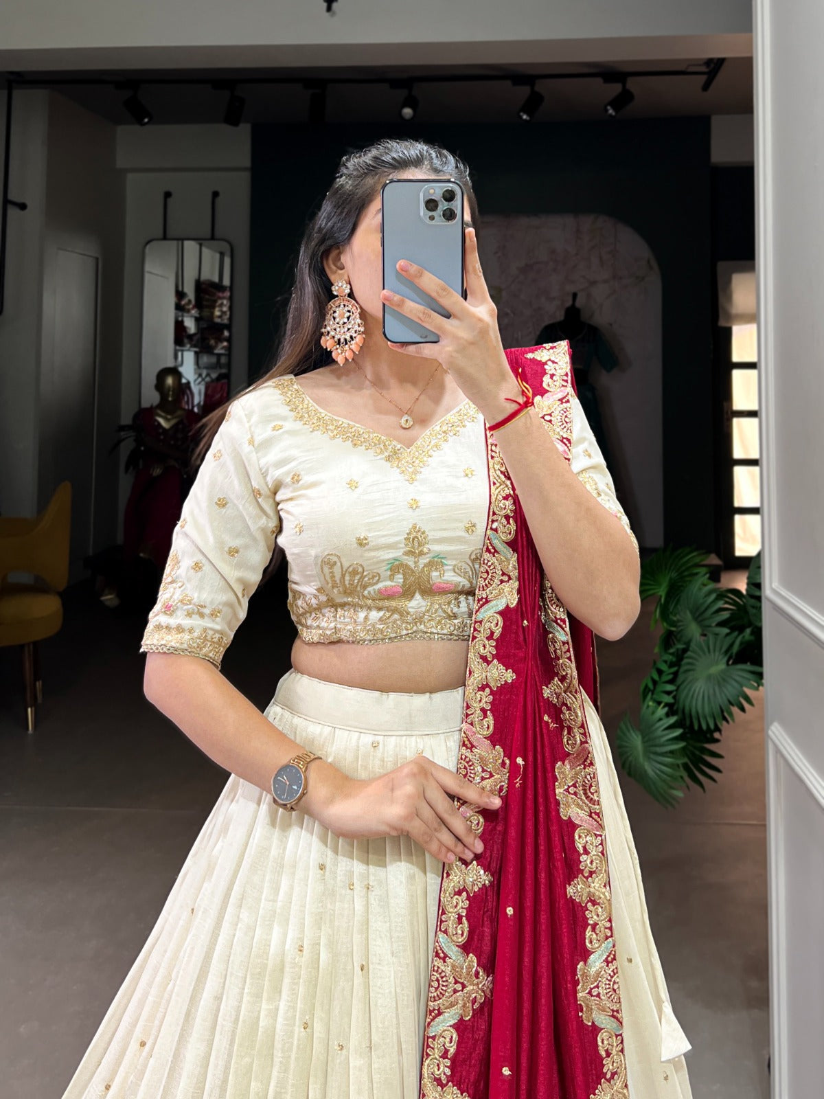 Lovely Off White Vichitra Silk Sequins Thread Worked Lehenga Choli - Ethnicwish