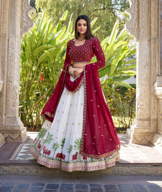 Spectacular White Georgette Sequins Thread Worked Lehenga Choli - Ethnicwish