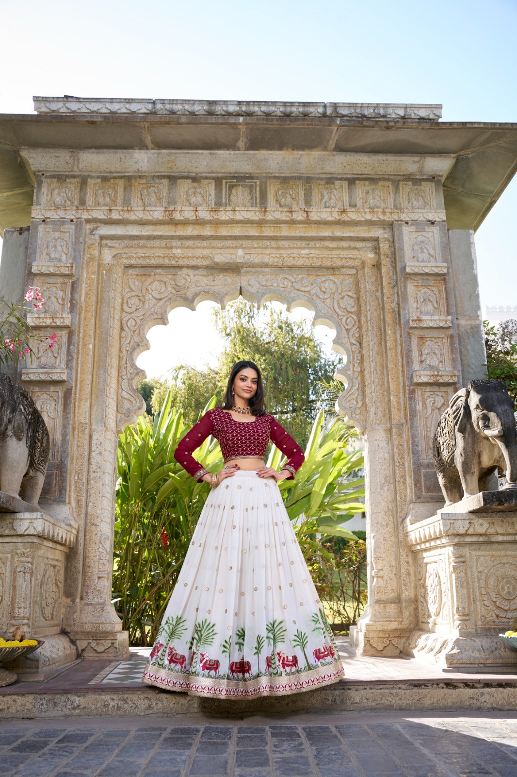 Spectacular White Georgette Sequins Thread Worked Lehenga Choli - Ethnicwish