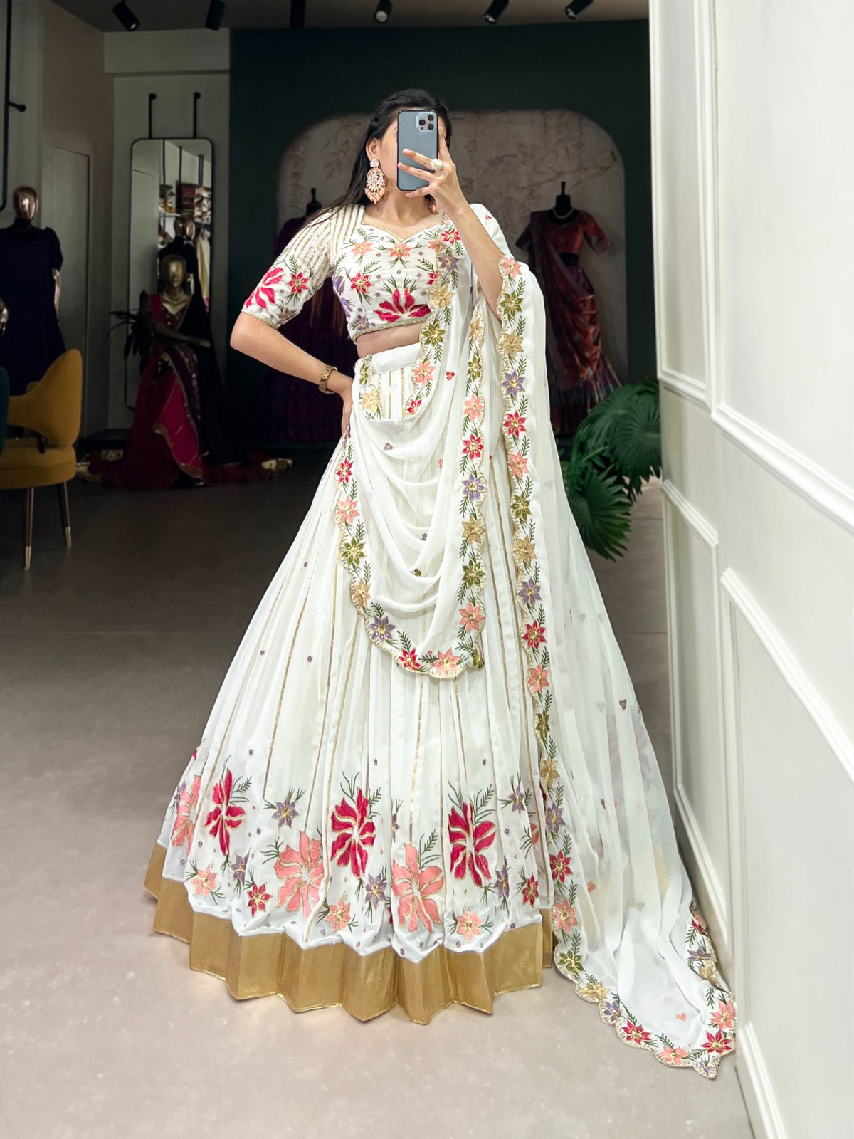 Radiant White Georgette Sequins Thread Worked Lehenga Choli - Ethnicwish