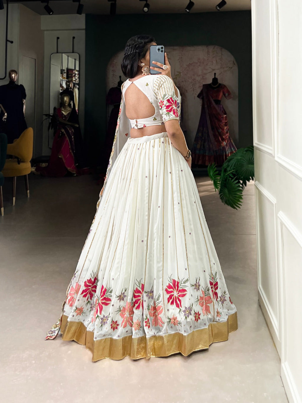 Radiant White Georgette Sequins Thread Worked Lehenga Choli - Ethnicwish