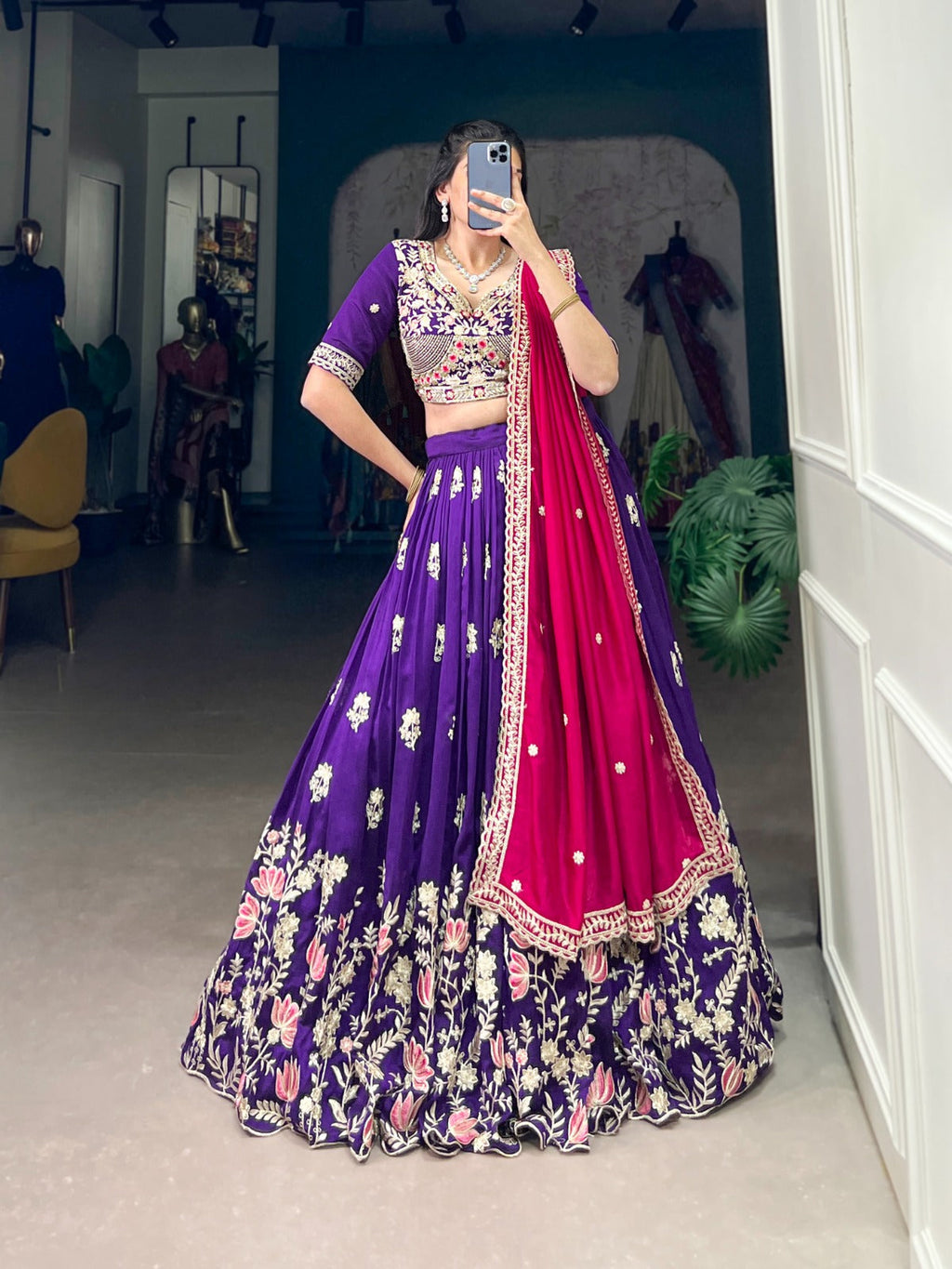Graceful Purple Vichitra Silk Sequins Thread Worked Lehenga Choli - Ethnicwish