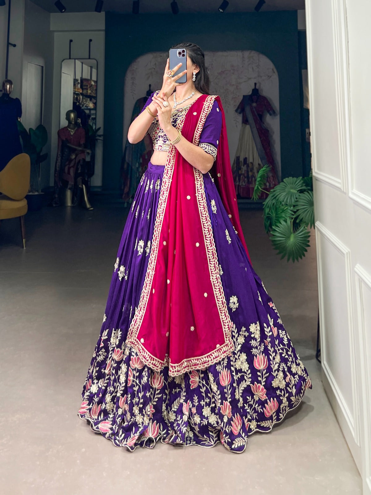 Graceful Purple Vichitra Silk Sequins Thread Worked Lehenga Choli - Ethnicwish