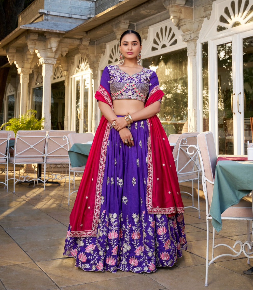 Graceful Purple Vichitra Silk Sequins Thread Worked Lehenga Choli - Ethnicwish