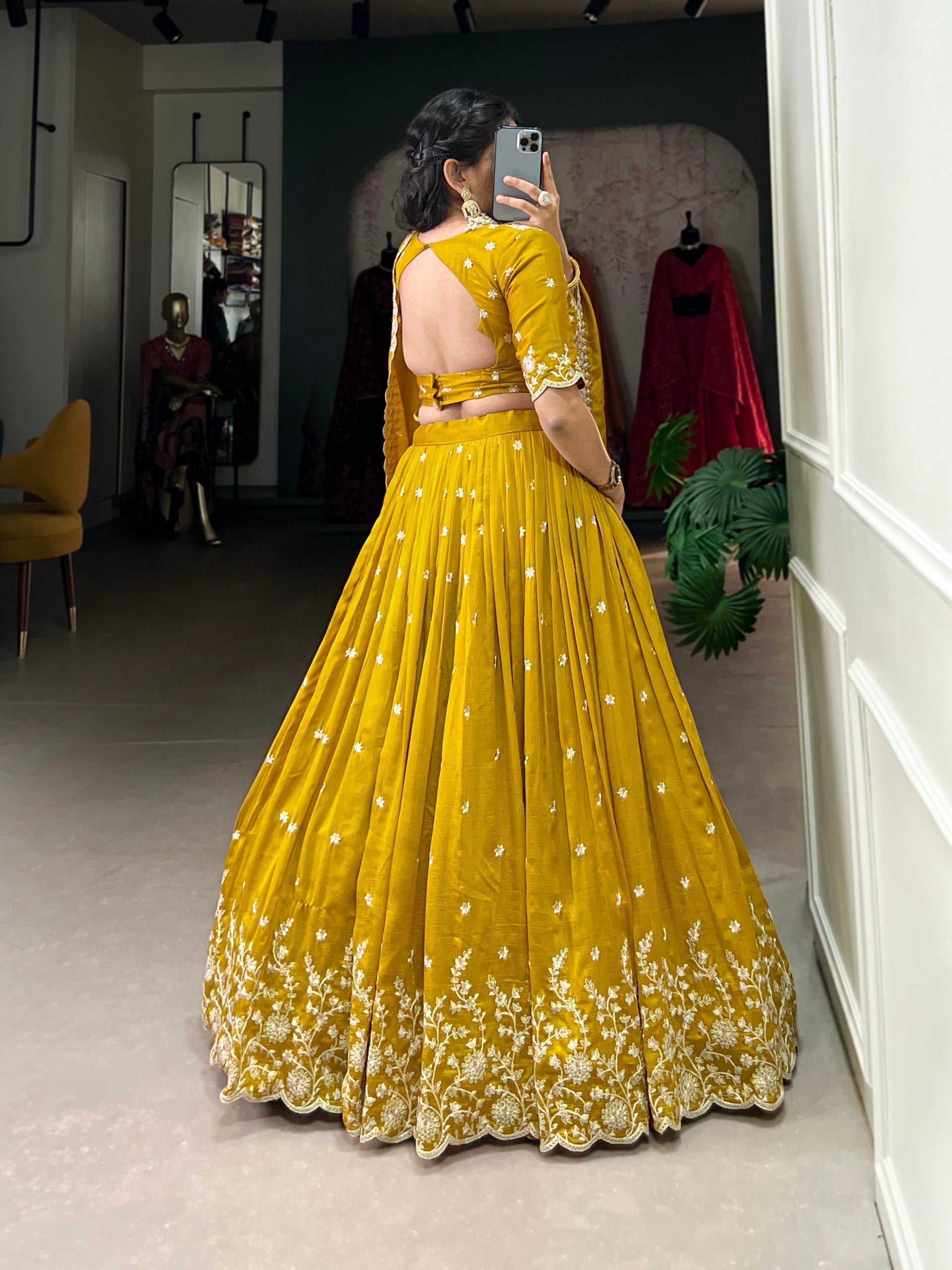 Stylish Mustard Yellow Vichitra Silk Sequins Thread Worked Lehenga Choli - Ethnicwish