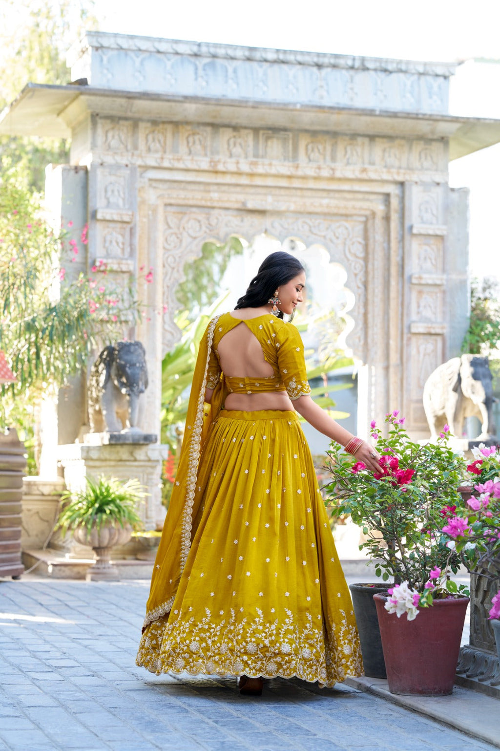 Stylish Mustard Yellow Vichitra Silk Sequins Thread Worked Lehenga Choli - Ethnicwish