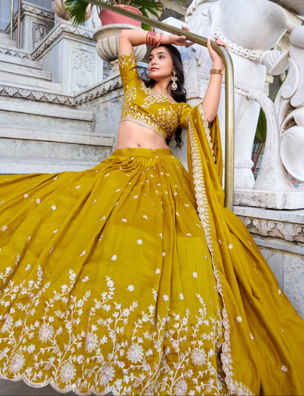 Stylish Mustard Yellow Vichitra Silk Sequins Thread Worked Lehenga Choli - Ethnicwish