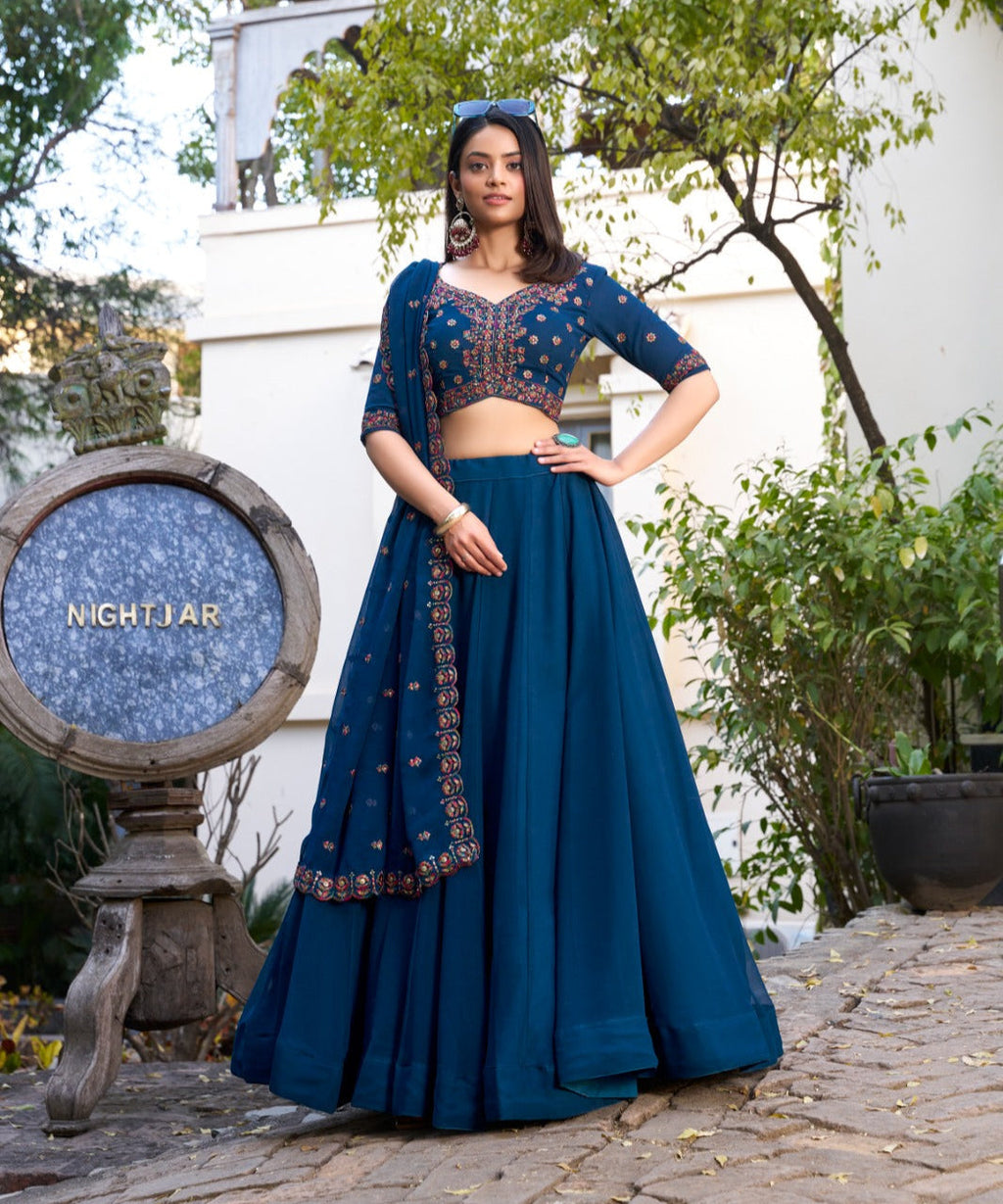 Elegant Firozi Sequins Thread Worked Lehenga Choli Set - ETHNICDEAL