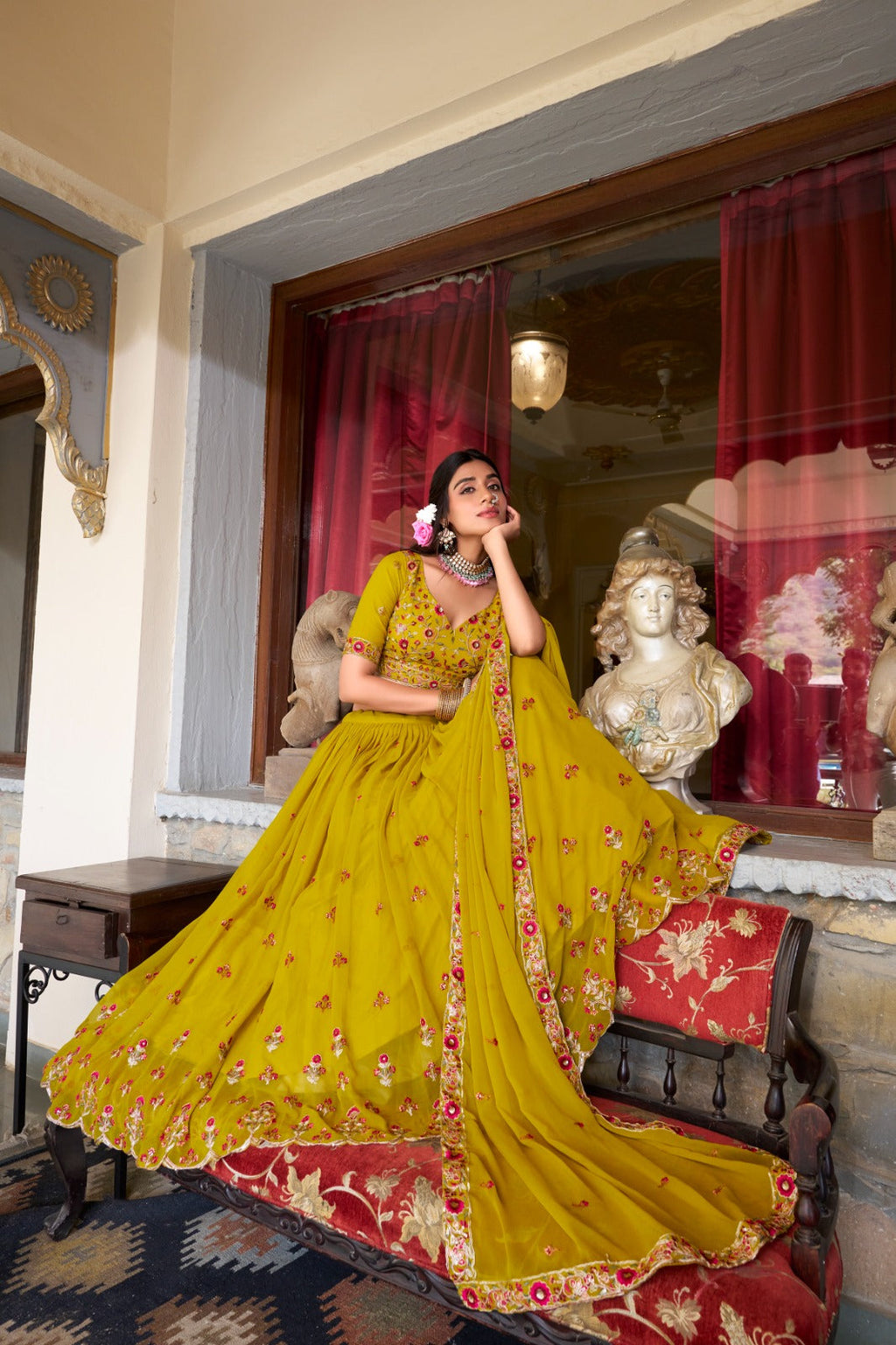Graceful Yellow Georgette Sequins Thread Worked Lehenga Choli - ETHNICDEAL
