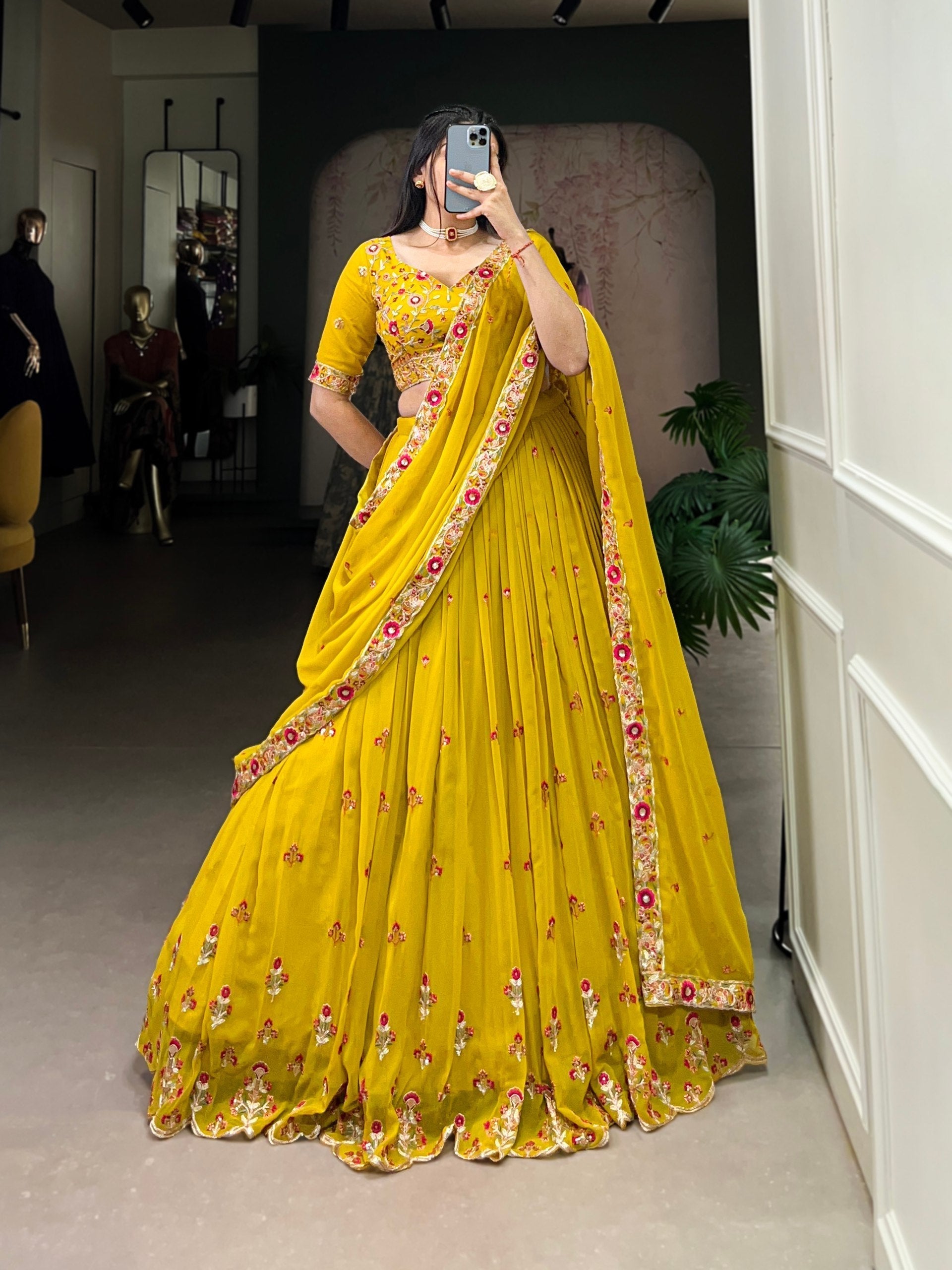 Graceful Yellow Georgette Sequins Thread Worked Lehenga Choli - Ethnicwish