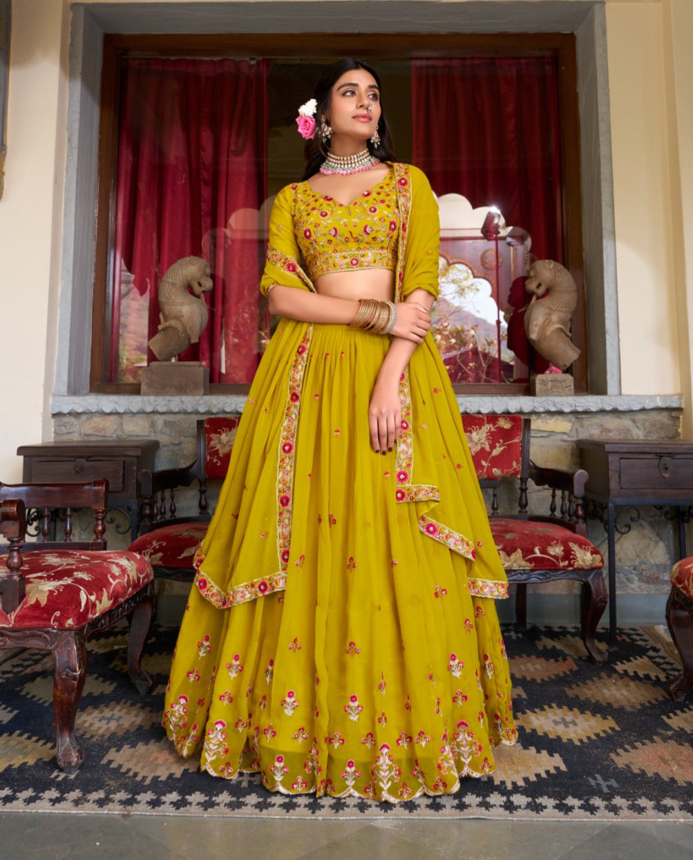 Graceful Yellow Georgette Sequins Thread Worked Lehenga Choli - ETHNICDEAL
