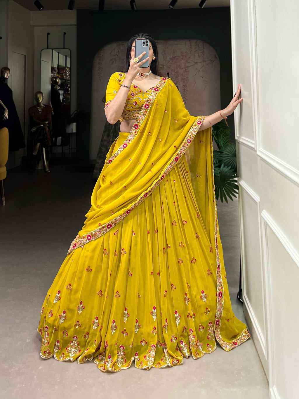 Graceful Yellow Georgette Sequins Thread Worked Lehenga Choli - Ethnicwish