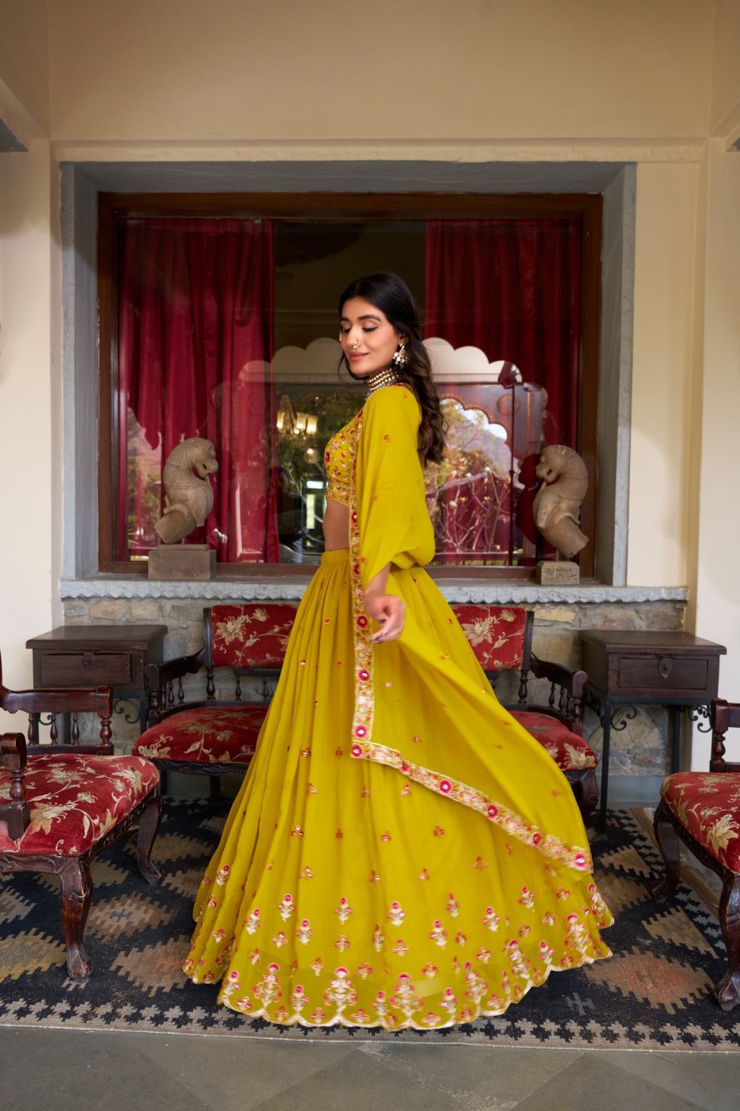 Graceful Yellow Georgette Sequins Thread Worked Lehenga Choli - ETHNICDEAL