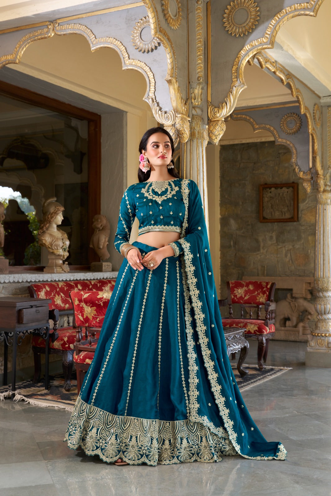 Exquisite Firozi Vichitra Silk Thread Sequins Worked Lehenga Choli - ETHNICDEAL