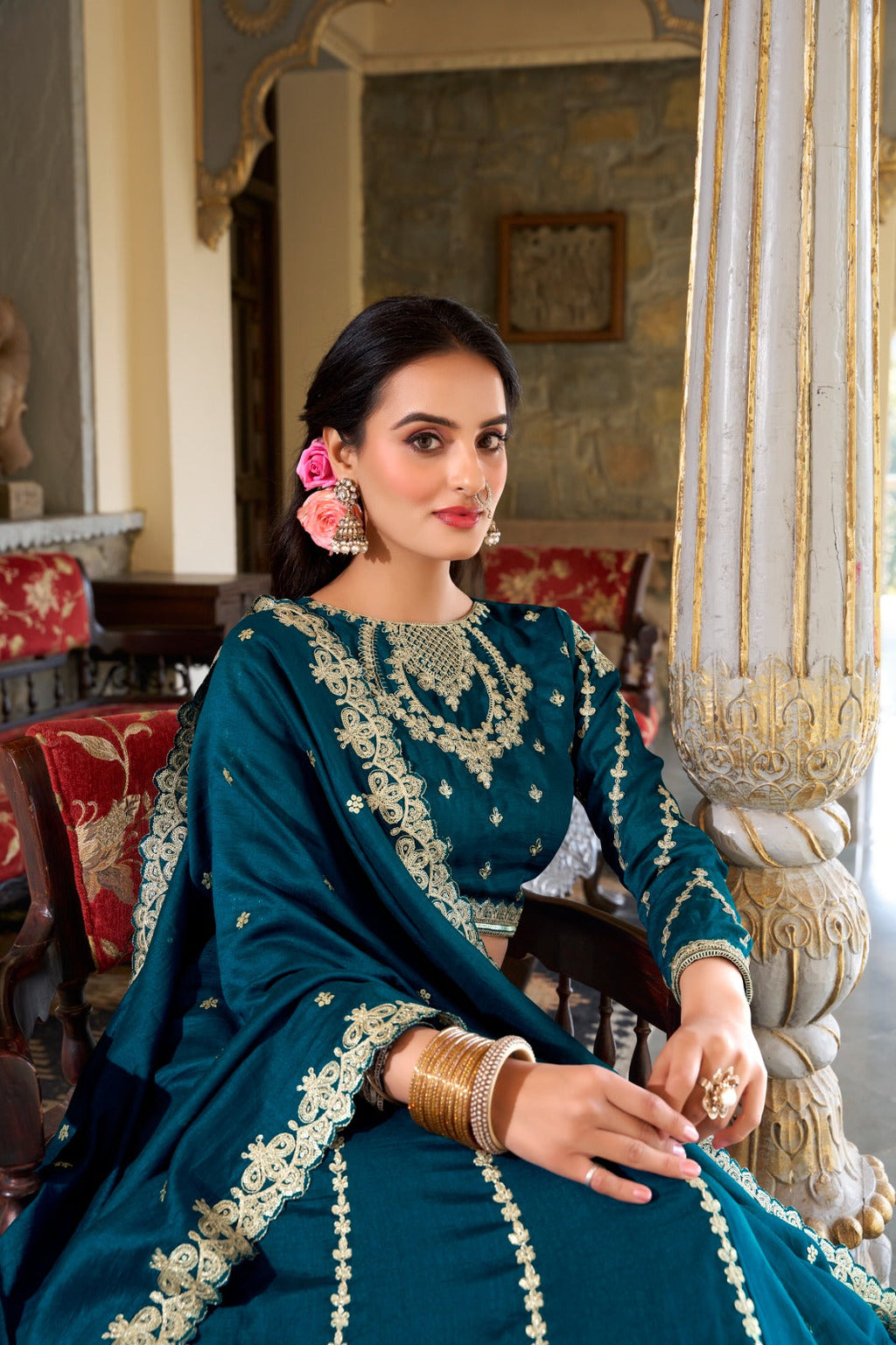 Exquisite Firozi Vichitra Silk Thread Sequins Worked Lehenga Choli - ETHNICDEAL