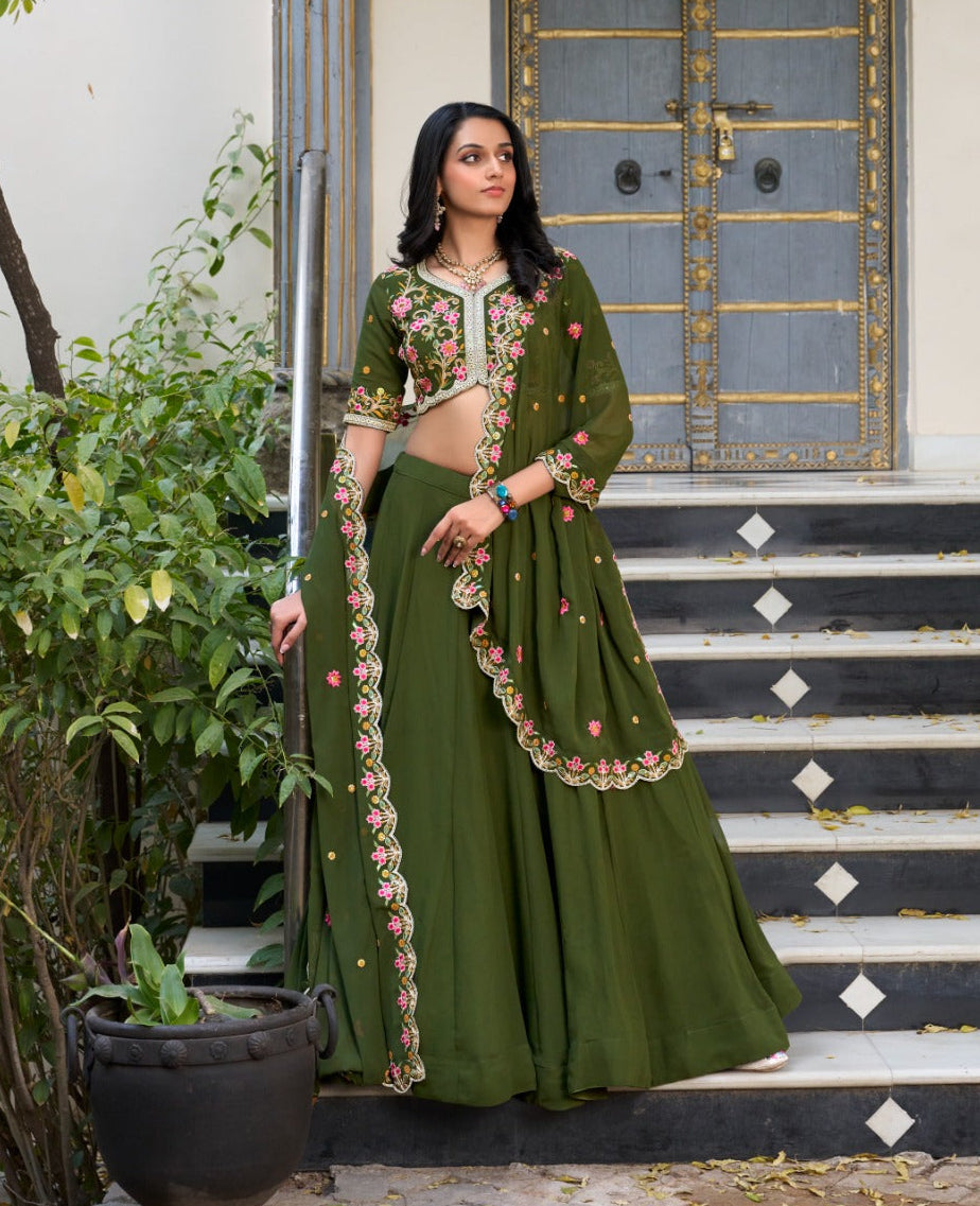 Divine Mehendi Green Georgette Sequins Thread Worked Lehenga Choli - ETHNICDEAL