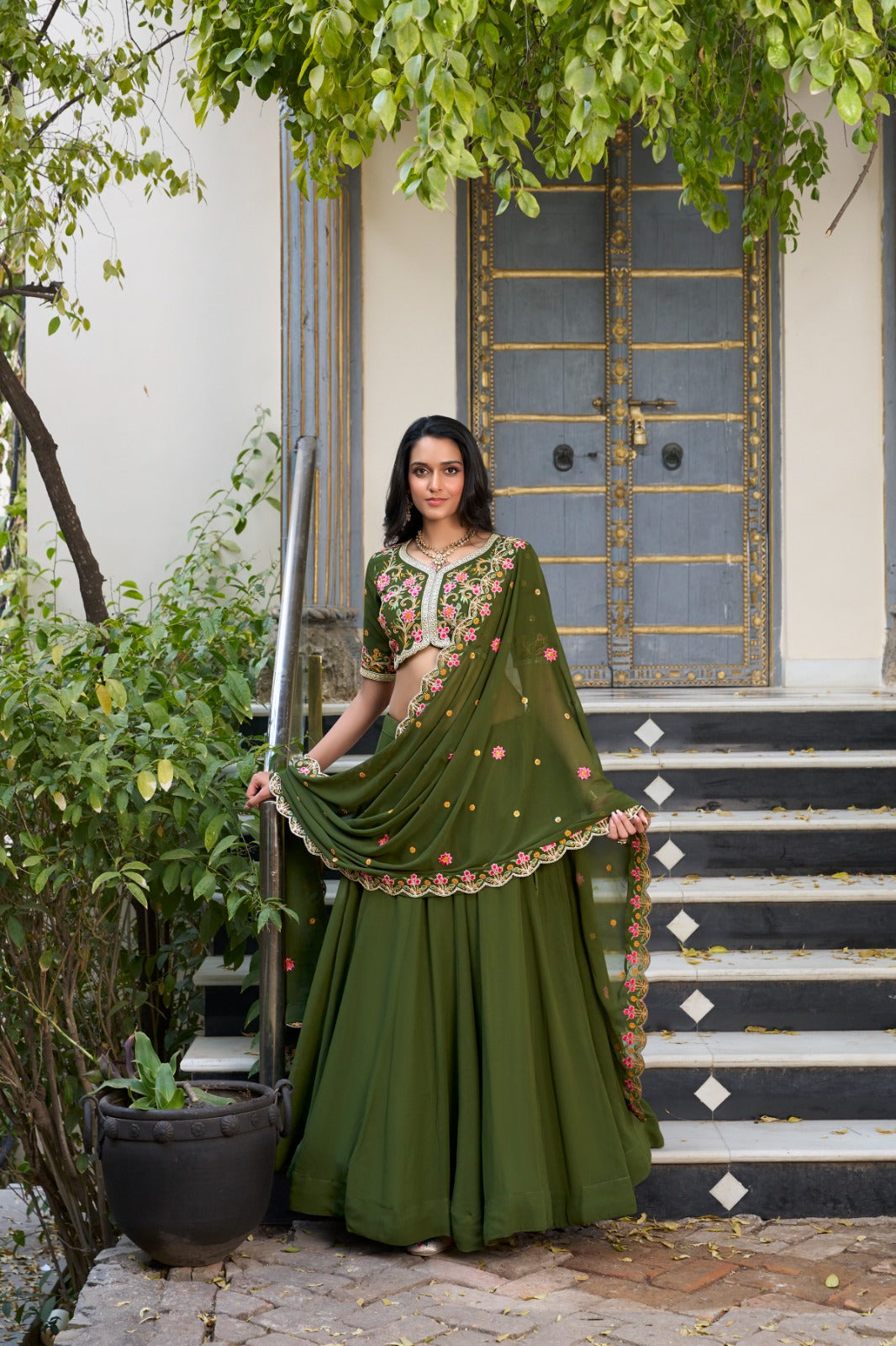 Divine Mehendi Green Georgette Sequins Thread Worked Lehenga Choli - ETHNICDEAL