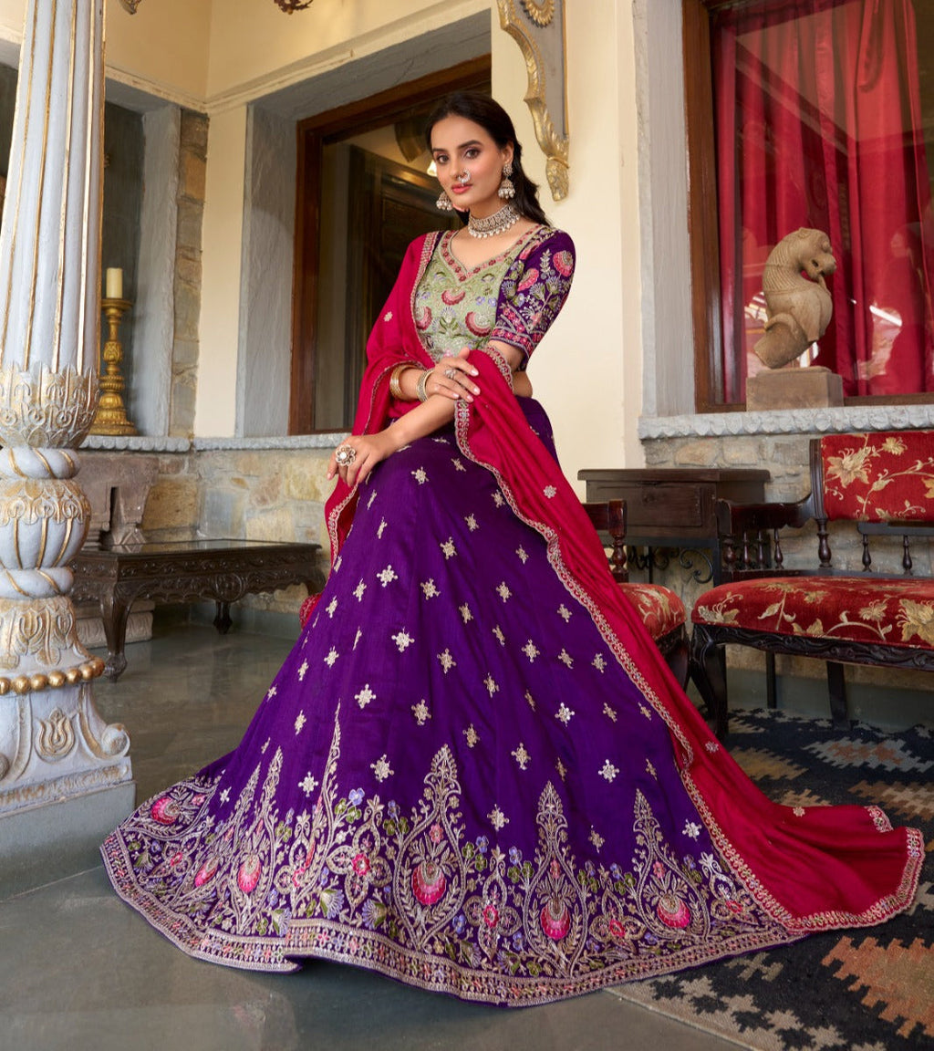 Elegant Purple Sequins Thread Embroidered Lehenga Choli - Ethnicwish