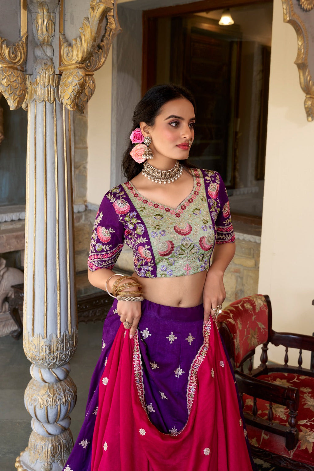 Elegant Purple Sequins Thread Embroidered Lehenga Choli - Ethnicwish
