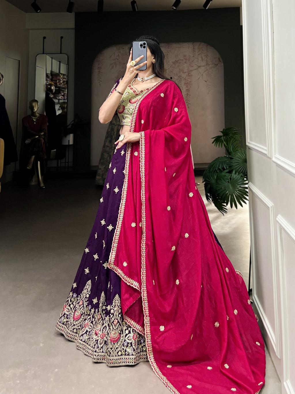 Elegant Purple Sequins Thread Embroidered Lehenga Choli - Ethnicwish