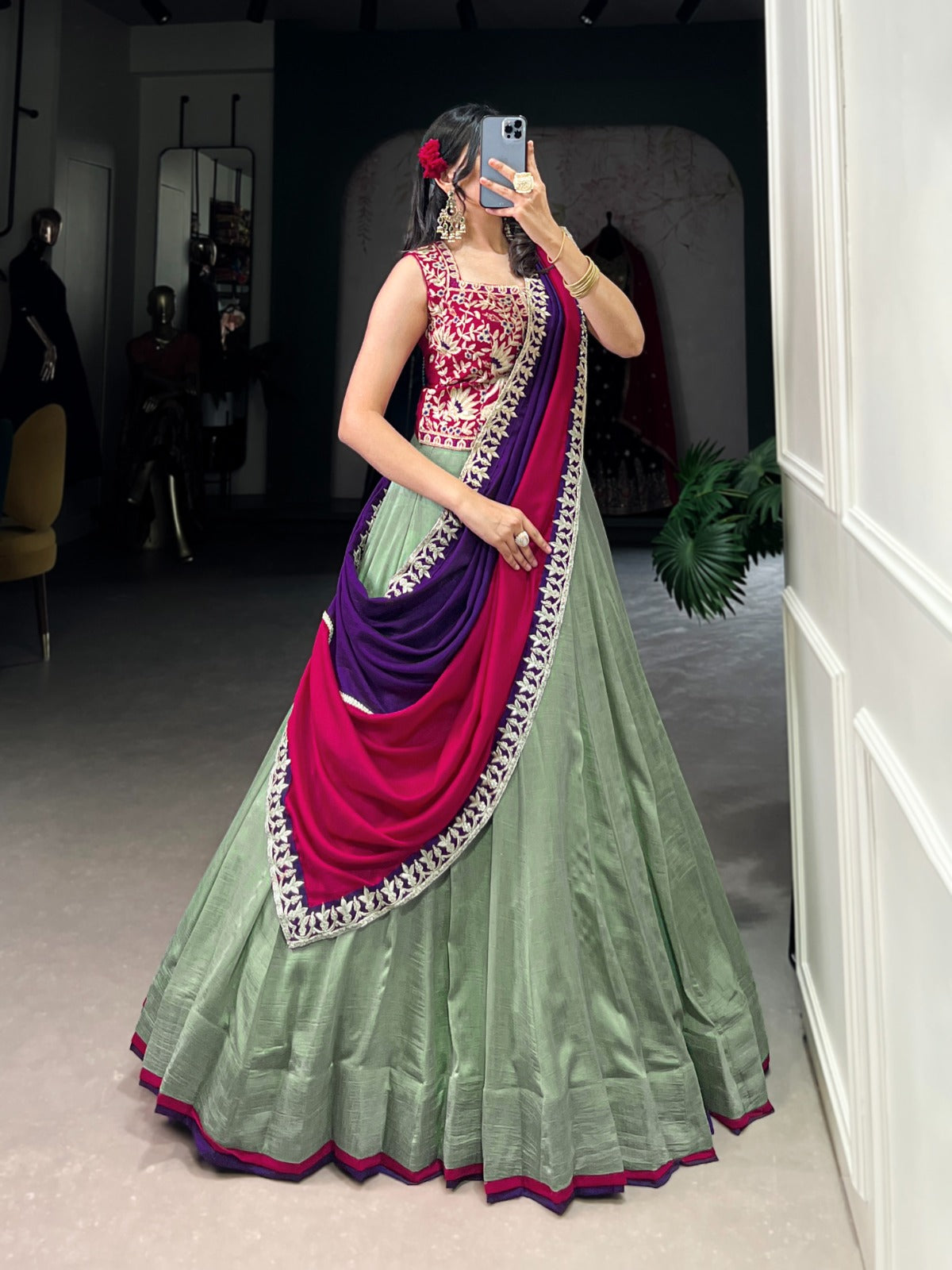 Graceful Vichitra Silk Sequins Thread Worked Lehenga Choli - ETHNICDEAL