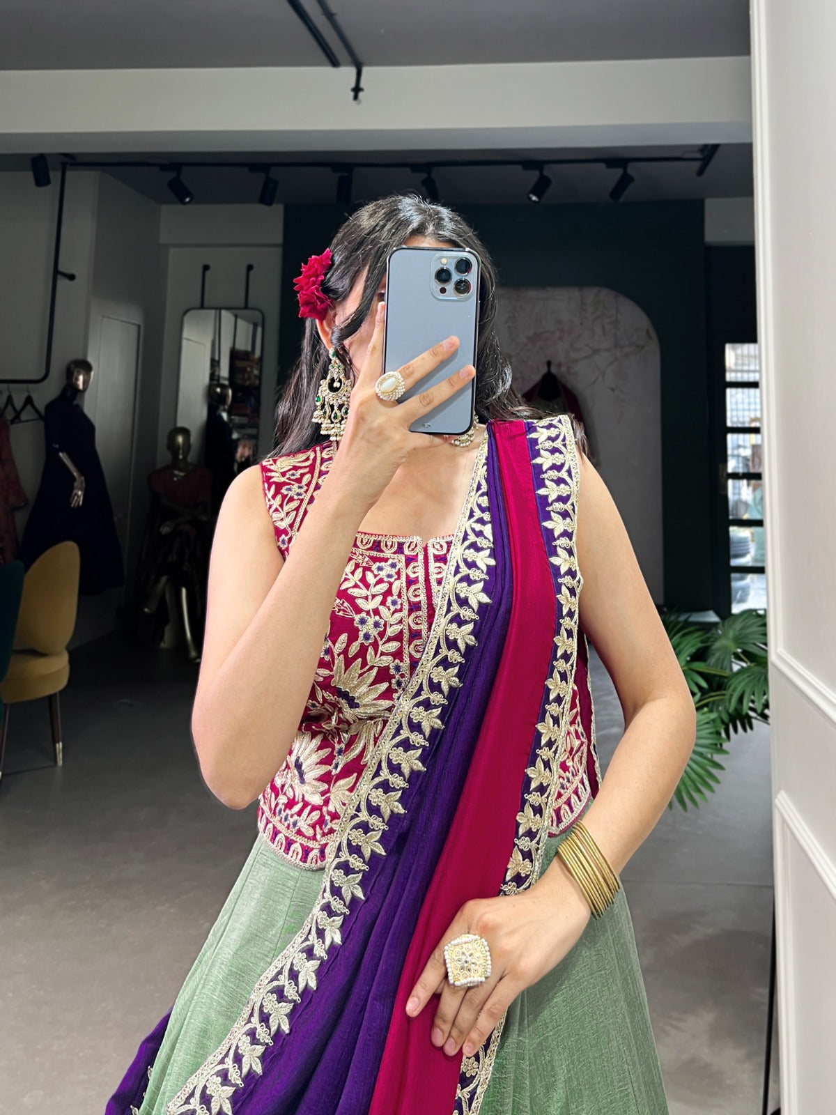 Graceful Vichitra Silk Sequins Thread Worked Lehenga Choli - ETHNICDEAL