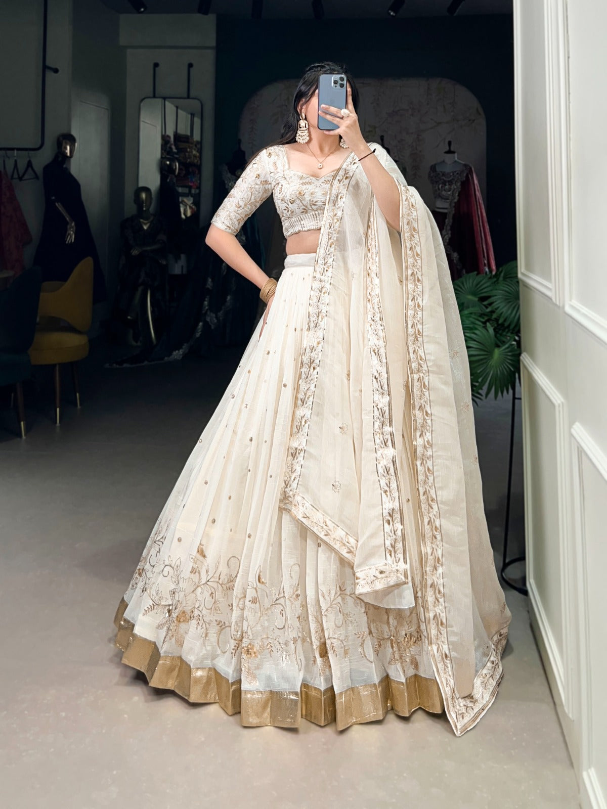 Off White Silver Glossy Sequins Embroidered Lehenga Choli - ETHNICDEAL